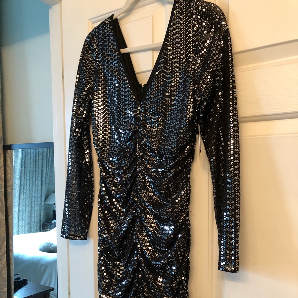 Black and gunmetal silver sequin long sleeve dress